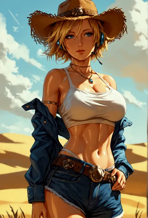 SCORE_9, SCORE_8_UP, SCORE_7_UP, SCORE_6_UP, SCORE_5_UP, SCORE_4_UP, tina armstrong, (2d anime art style), blonde hair, short hair, cowboy hat, casual outfit, croptop, midriff, jogging hotpants, earphone, cleavage, curvy, armpit, wide hip, huge breasts, na...