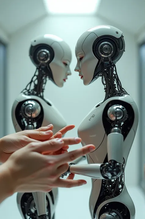 Hands playing with puppets that are android robots
