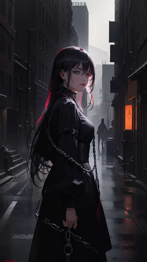 A girl with asymmetrical white and multicolored long hair, a psychotic grin, and dark purple eyes, in a side view looking directly at the viewer, wearing a black dress, with long chain shackles, against a backdrop of a destroyed grey wall and neon lights i...