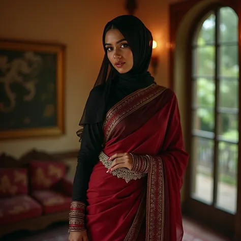 Hot sexy beautiful Busty Traditional Indian Hijabi Muslim Milf covering her head with Hijab wearing Saree and a waist chain around her belly. Navel visible