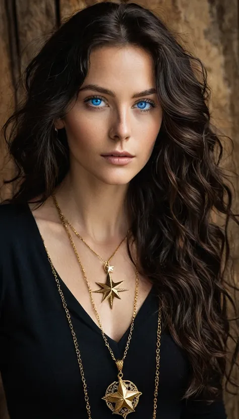 A photo of a woman with long, wavy dark hair. She has intense blue eyes and is wearing a deep V-neck black outfit. A gold necklace with a star pendant is visible around her neck. The background is a mix of gold and brown hues, giving it an antique or rusti...