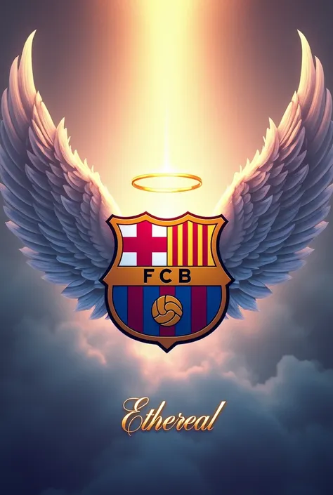 Image of the Barcelona FC shield with angel wings and a halo on top of it, with the name Ethereal written underneath
