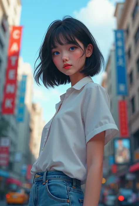 1girl, short black hair, blue eyes, wearing plain white shirt, denim shorts, city, absurdres, high res, ultrasharp, 8K, masterpiece, looking at viewer