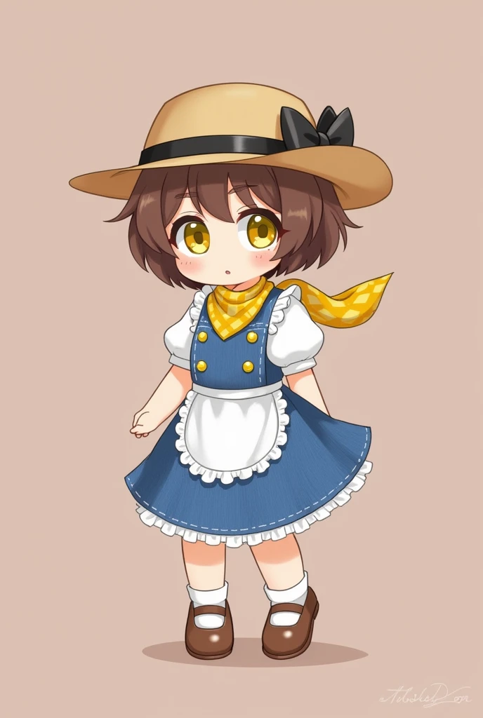 Clover is a human child of fair complexion and short brown hair. Official art portrays Clover with yellow irises.

Clover wears a maid costume, presumably denim, They wear a pair of brown shoes and a light brown cowboy hat with a dark brown hatband. Around...