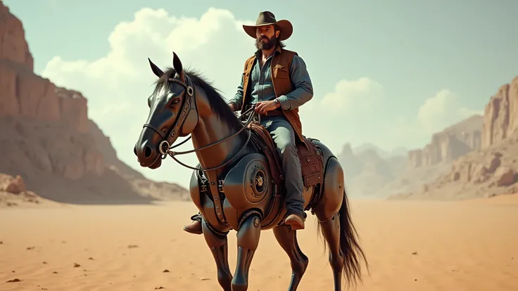 A wallpaper of a cowboy riding a robot horse in the desert, photorealistic style  