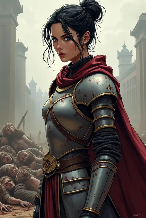 Jennifer carpenter as renaissance knight, with black hair in messy bun. Grey eyes. Has maroon cape. She is standing on the field. her ornate noble light armor with assassins creed emblem is very stained with blood. There is pile of dead renaissance bodies ...