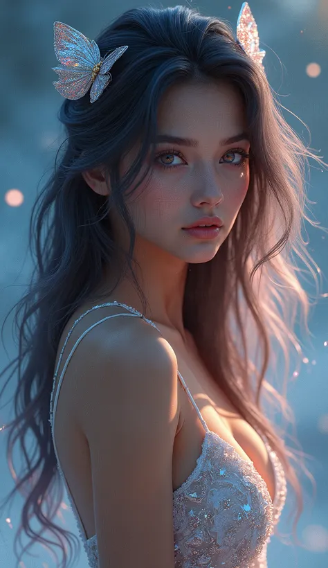 by mooncryptowow shine  One very beautiful woman looking back at you, dressed like a fashion model, crazy long hair, shiny hair, expressive hair, crystal hair, gradient eyes, artistic, conceptual art, glitter effect , Glow, UHD, Retina, Masterpiece, Accura...