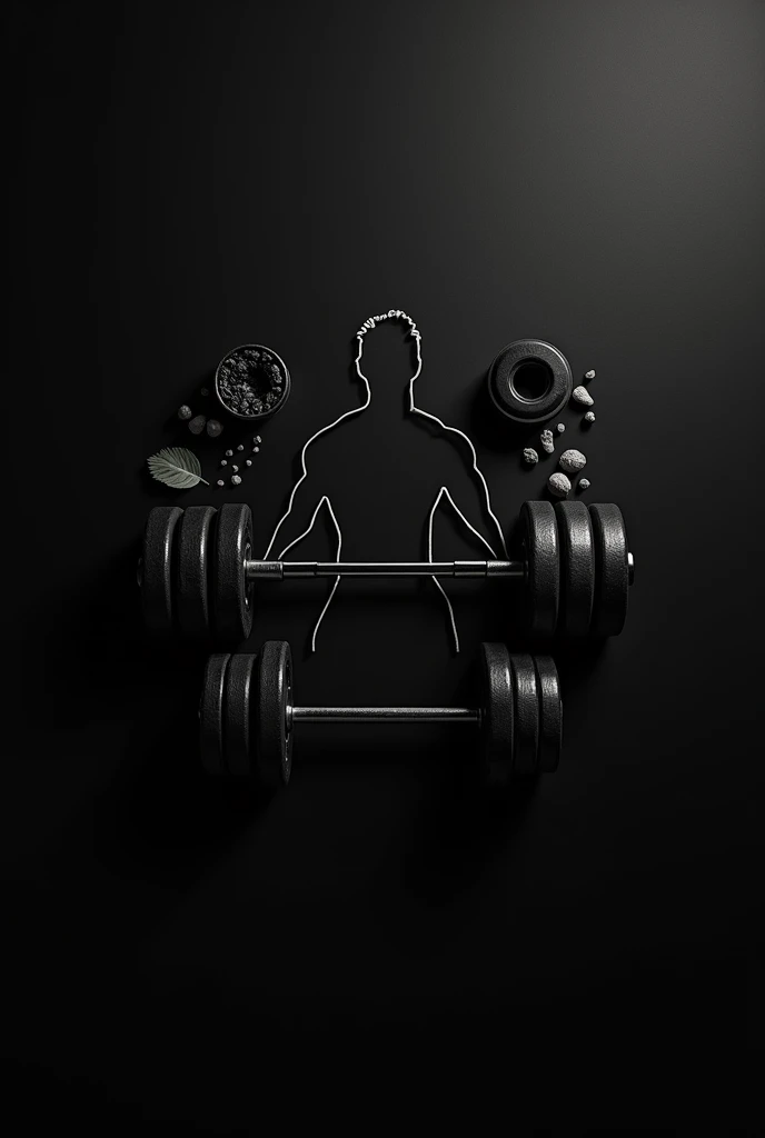 create a minimalist photo with a black background for a bodybuilding profile, gym and food, withouth People, with an image of a barbell or weights in drawing