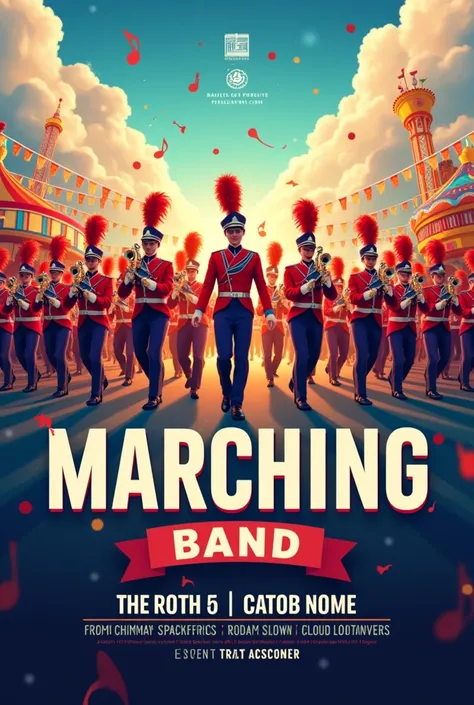 A marching band event flyer with a fair in the background

