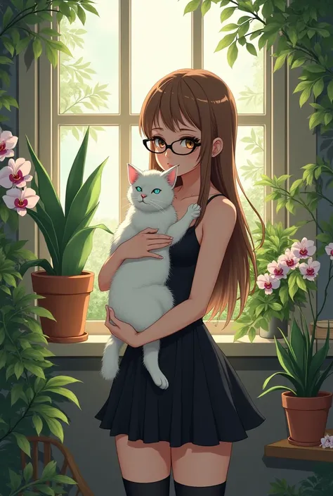 Woman of medium build, with long light brown hair, Brown eyes, black frame glasses, thick lips and an eyebrow piercing, with black skirt, black stockings and black knee-high boots, Black tank top, carrying a white cat with blue eyes, in a house background ...