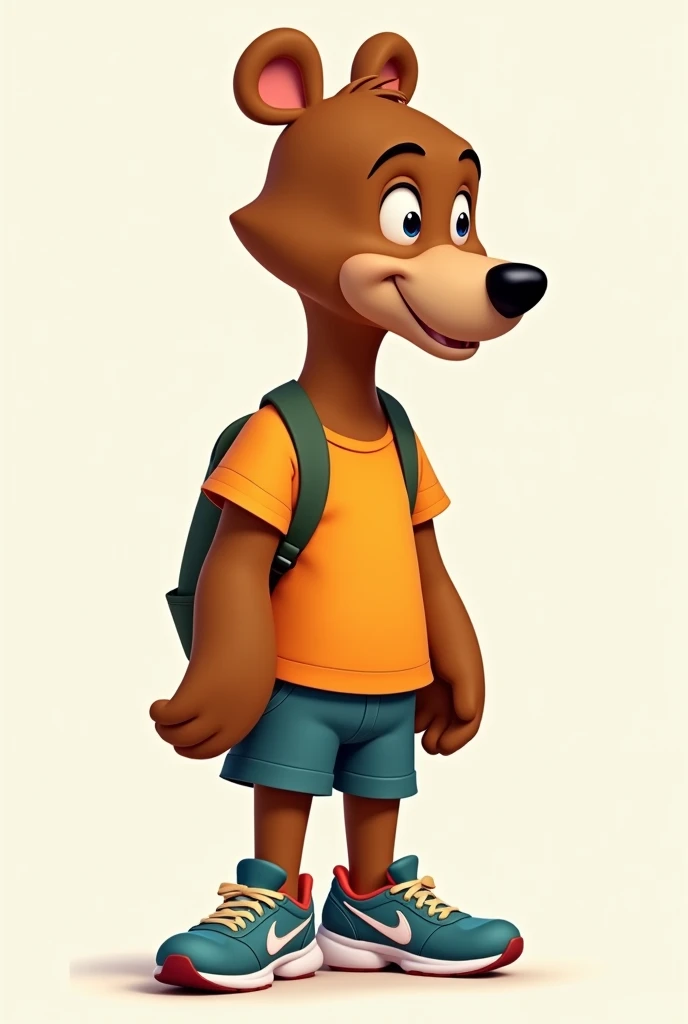 cartoon character, disney style, BEAR slim and sporty FULL BODY PROFILE. The bear is sporty and wears sportswear with a T-shirt., shorts and sneakers. high profile that works for a school character, 2D CHARACTER HIGH COMPLEXION 