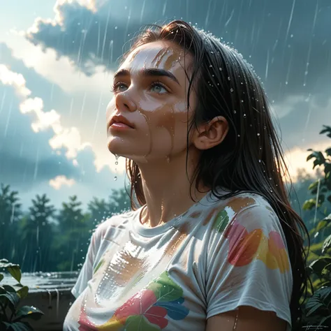 (1 girl) (masterpiece, best quality) woman in a colorful graphic designer t shirt sitting on a dock, , ,  , stormy dark sky, raining, , extreme detail on face (fantasy oil painting)
(), large forehead, large dark eyebrows, large nose, wide chin
(Breasts co...