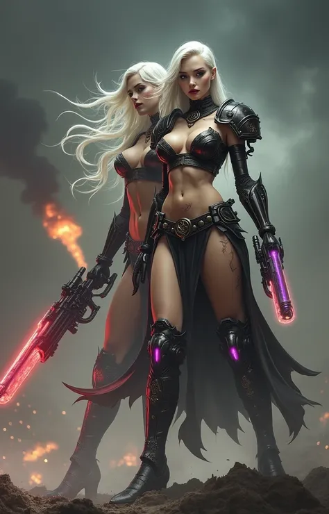 Full body pose sexy sisters of battle from the warhammer 40k, wounded in war, blood covered, shooting at the enemy, red space marine armor with intricate details, white space marine armor with intricate details, symbols on the armor, sisters of battle, war...