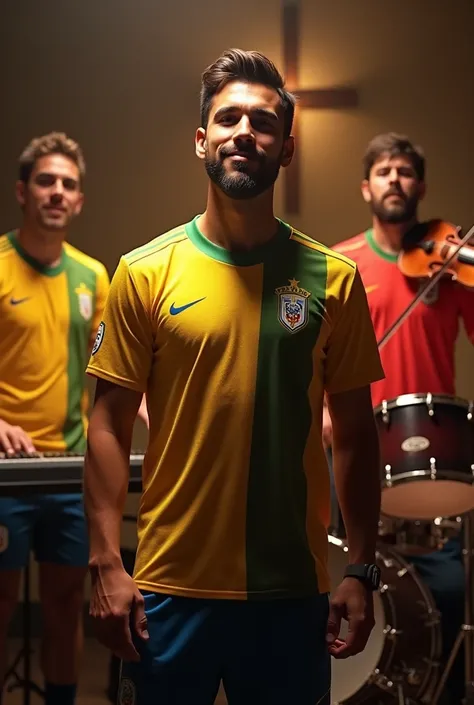 Create an image of a Catholic band with four members, each representing a different Brazilian soccer team. The lead vocalist, wearing a Vasco da Gama jersey, stands at the front with a confident expression. To his right, the keyboardist proudly wears a Fla...