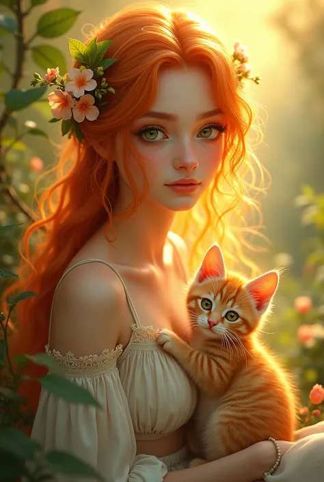 Create an image, on which there will be a person, Young woman, which lives in the sun, she has orange hair and green eyes. She has a pet kitten.. The kitten has fur made of sun rays