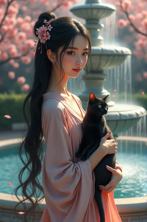 Japanese beautiful woman with long bright hair and dark eyes. Smooth skin standing in front of a fountain while holding a black cat. 