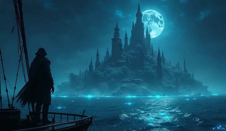 A cinematic and dark scene depicting a sailor standing on the deck of his ghostly ship, gazing in awe as the mythical land of Lemuria reveals itself before him. The island is bathed in a soft, eerie glow, with bioluminescent vegetation casting an otherworl...