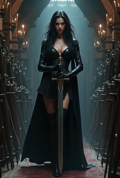 Yennefer von Vengerberg from the videogame The Witcher in sexy pose with sword in hand in weaponroom of a middleaged castle
