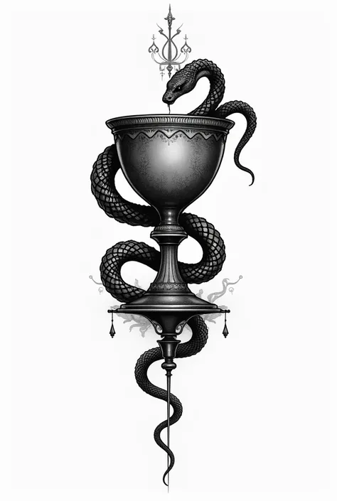 black and white tattoo of a snake surrounding a chalice