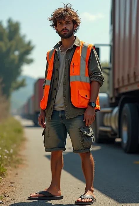 disheveled truck driver in shorts and flip flops, wearing the reflective vest backwards
