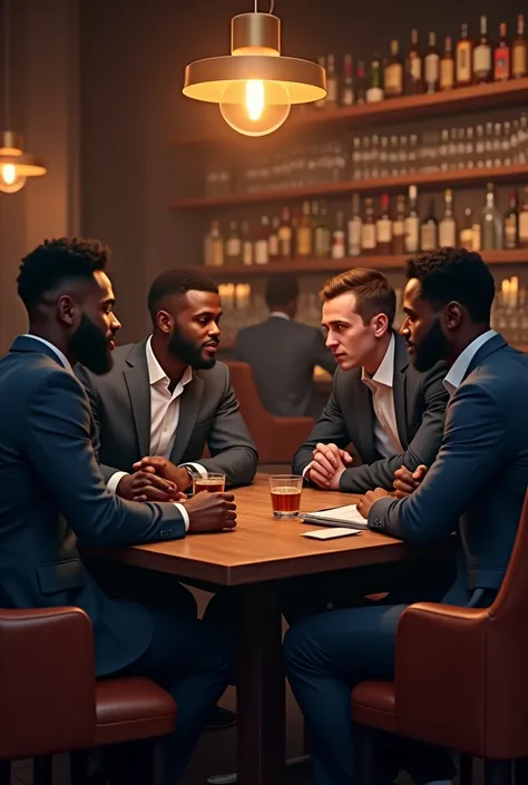 black men of African descent sitting at a bar table with white  business meeting 