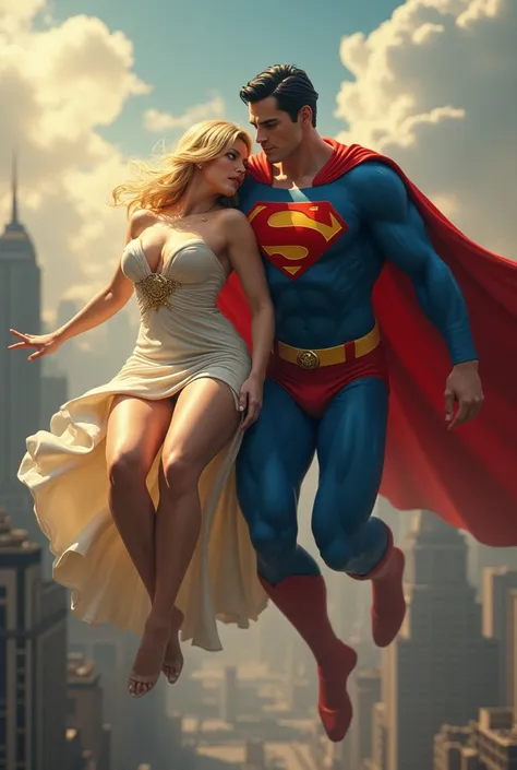 make a white superman saving a very fat blonde woman in a dress, he is flying with her in his arms