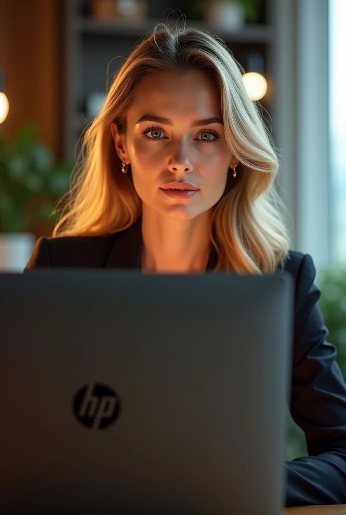 a beautiful young woman with long blonde hair, detailedeyes, nase, and lips, wearing professional clothing, sitting in his office, using your computer, HP computer (best qualityer,4K,8k,high resolution,work of art:1.2),ultra detali,(realisitic,photorealisi...