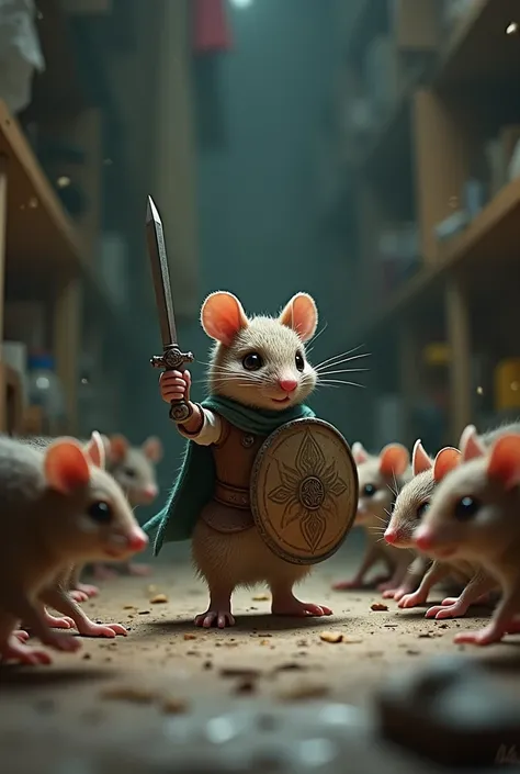 A tiny warrior who uses a thimble as a shield and a needle as a sword facing off against ferocious rats 