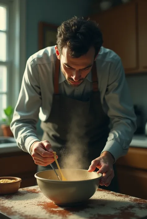 Husband adds a strange ingredient.]

3D Animation: Husband adding a bizarre ingredient into the mixing bowl.