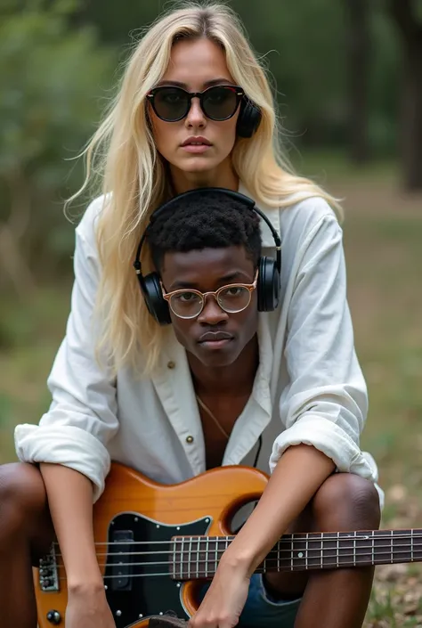 Create a photo of a 30 year old woman, with a slender and beautiful body, wearing jean shorts and an open white shirt, with white and clear skin, with long blond hair, wearing a headset and sunglasses and is sitting on the lap of a dark skinned black teena...