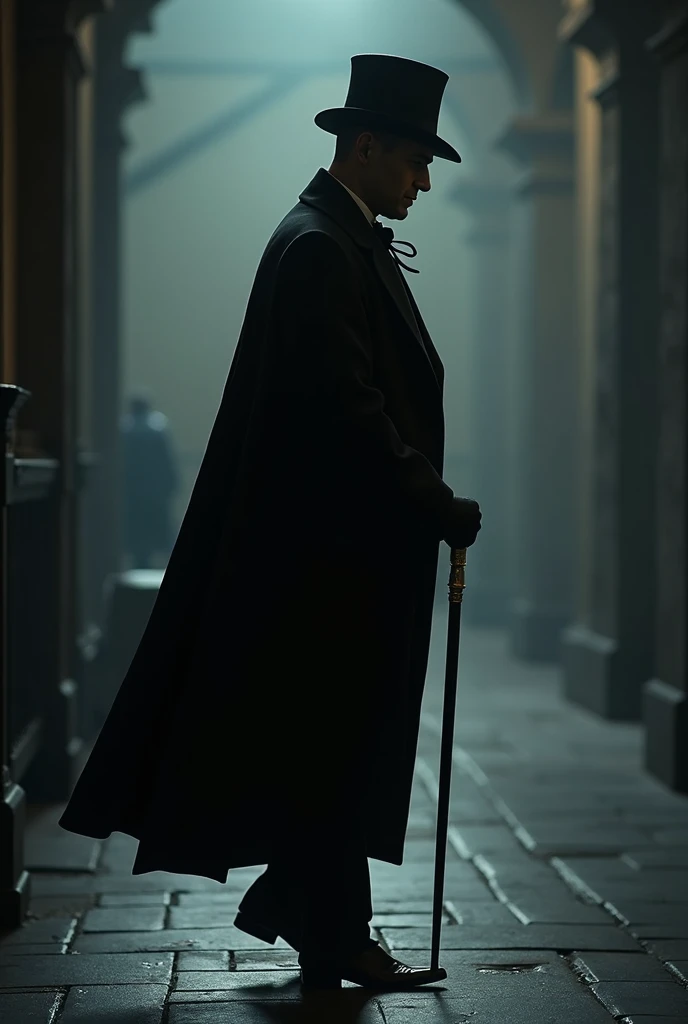 the profile shadow of a man walking, wearing cape, top hat and cane