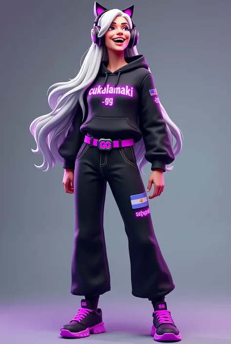 Fortnite Skins, Whole body, White woman, with black sweater and engraved with the name CukaLaMaki_GG in neon purple, wide pants with a small flag of Argentina in original color, with neon purple belt and GG-shaped buckle, Low black tennis shoes with neon p...