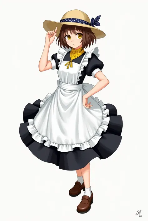 Clover is a human hot adult women of fair complexion and short brown hair. Official art portrays Clover with yellow irises.

Clover wears a maid costume colored black and white, presumably denim, They wear a pair of brown shoes and a light brown cowboy hat...