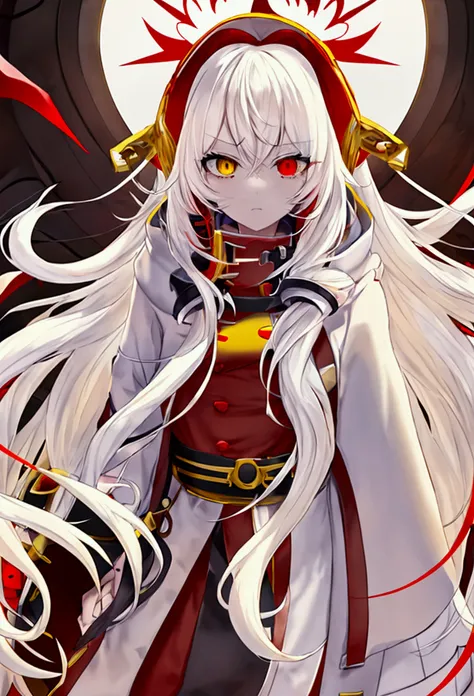 Anime girl, long hair, white hair, yellow front hair, red eyes, yellow eyes, heterochromia, black hood, wearing hood, sexy, hot, white coat, red shirt, red pants, looking at the viewer, human, crown, omnipotent, red stripes, red cross, symbols