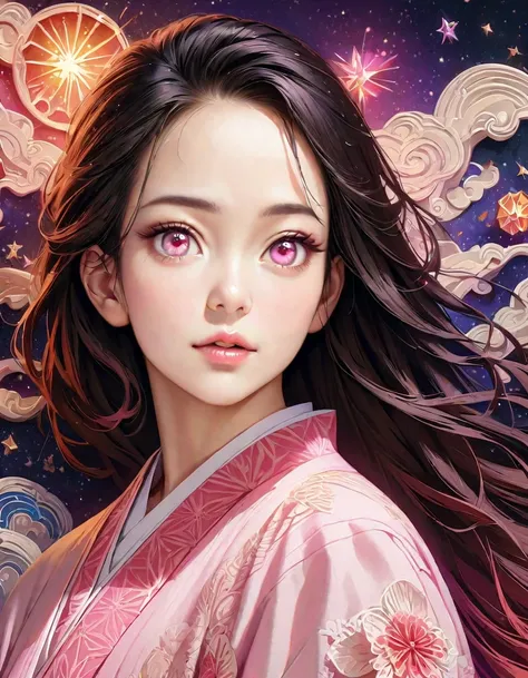 (masterpiece, best quality:1.2), Embossed paper, Solitary，Black LightNezuko from demon slayer. a young woman with long dark hair, (pink eyes), beautiful detailed eyes, beautiful detailed lips, extremely detailed face, longeyelashes, wearing a pink kimono, ...