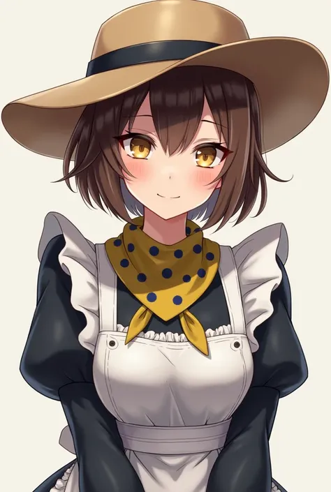 Clover is a human sexy adult women of fair complexion and short brown hair. Official art portrays Clover with yellow irises.

Clover wears a maid costume colored black and white, presumably denim, They wear a pair of brown shoes and a light brown cowboy ha...