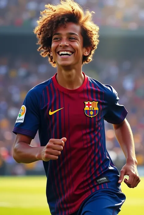 Smiling player wearing Barcelona shirt,brown with curly hair 