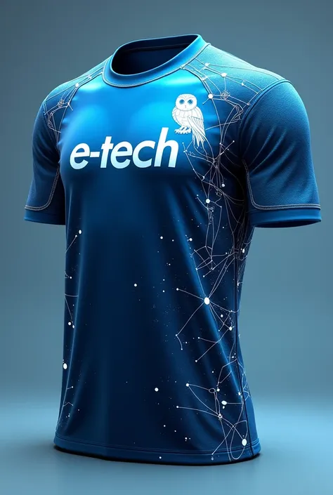 Create a sports shirt in gradient blue;  put the name E-TECH on the chest in white font ; create a white robot-shaped technological owl on the side of the shirt ,place connecting wires on the entire shirt