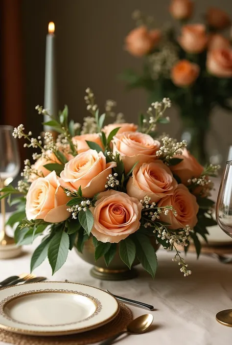 a wedding table decoration with olive green color and peach colored roses 