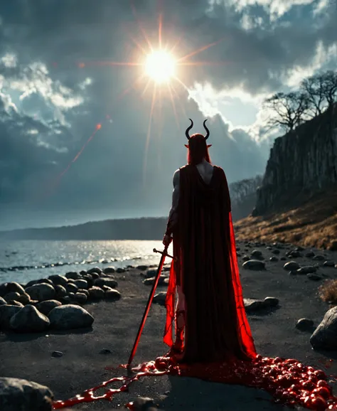 Ultra-high-definition, award-winning dark fantasy artwork featuring a surreal and eerie landscape in 4K resolution. The layout is vertical, with a central figure standing tall in the background, holding two intricately detailed swords. The figure has a ske...