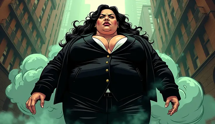 Beautiful long haired morbidly obese female mob boss in her 20s, wearing a black mobster suit, farting, olive green gas cloud comes out of her buttcbeeks, comic artstyle