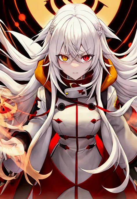 Anime girl, long hair, white hair, yellow front hair, red eyes, yellow eyes, heterochromia, black hood, wearing hood, sexy, hot, white coat, red shirt, red pants, looking at the viewer, human, crown, omnipotent, red stripes, red cross, symbols