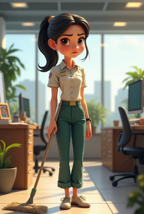 cleaning lady with black hair, in a company like cover of pixar