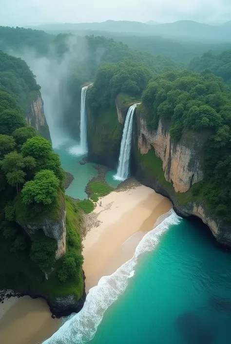 Drone filming waterfalls , beaches and forest