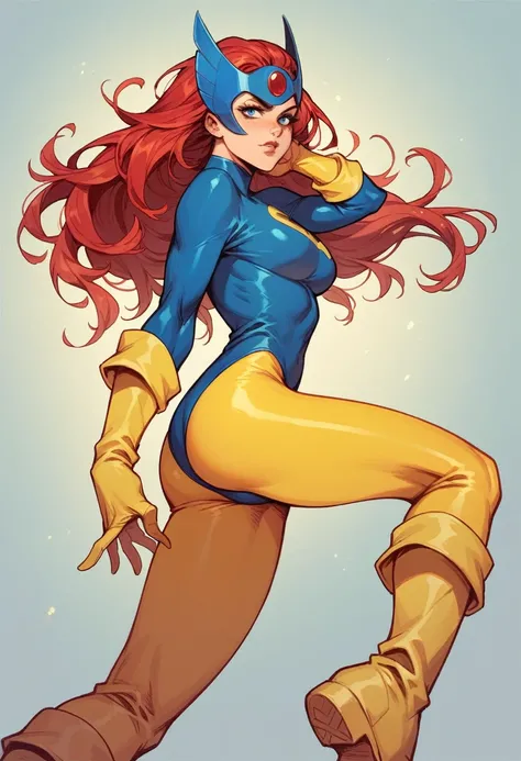 1woman, x-men, comics style, long red hair, blue face-framing headpiece, bodysuit, blue top, yellow shoulders, yellow leggings, yellow boots,