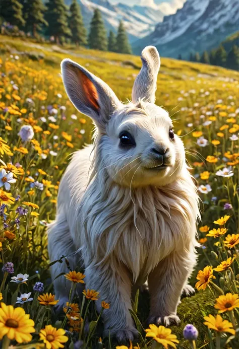 Wolpertinger from Adler + Sloth in bright colors + Anime-Series, realistic representation, on a flower meadow, (best quality,4K,8k,highres,​masterpiece:1.2),Ultra-detail,(Realists,photoRealists,photo-Realists:1.37),elaborate details,cinematic lighting,The ...