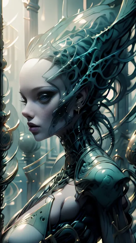 photorealistic 1woman, solo,ganzkörper foto, ganzkörper bild,((Masterpiece)), (Best Quality),(highly accurate drawing in every detail)(extremely precise representation)full_body_portrait,cyberpunk retro future vibe,, a stunning alien girl with big eyes, te...