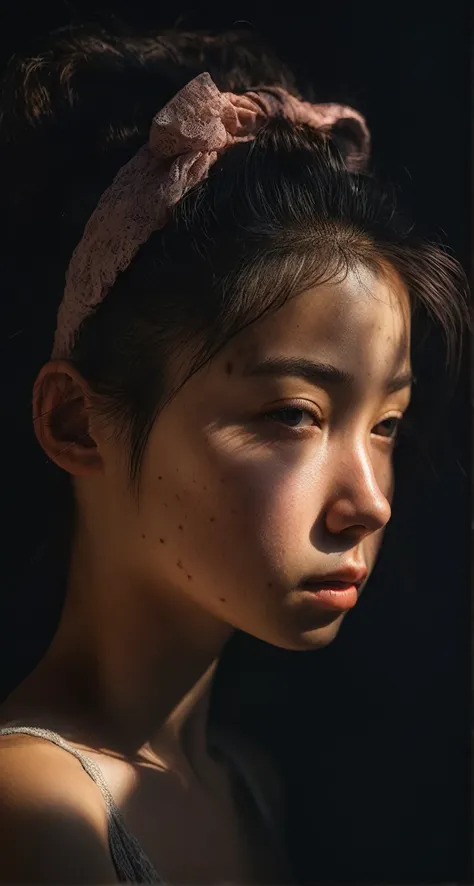 portrait of a shadowy girl in the void, highly textured imperfect acne skin, cute hair accessories, light and shadow, anti-aliasing, color-graded, floating motes, dynamic volumetric lighting, nikon D850