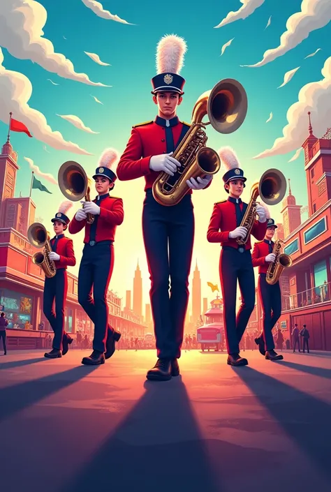 A marching band event flyer with a modern fair in the background and games behind it that doesn&#39;t look like a town, but rather a city with colors.