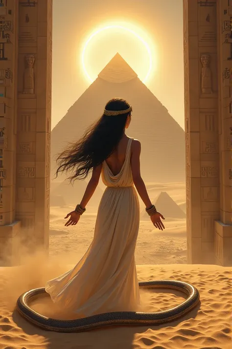 1x1 picture, an Egyptian girl with the power of sand and a magic snake in front of the Egyptian pyramid, which is behind the eclipse pyramid.